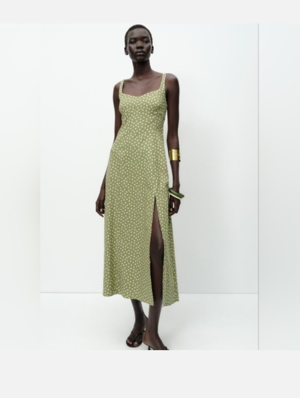 Zara Olive Green Polka Dot Maxi Dress with Side Slit
